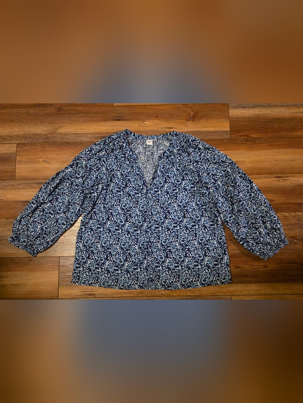 GAP Navy and White Floral V-Neck Peasant Blouse, Balloon 3/4 Sleeve, Size-L